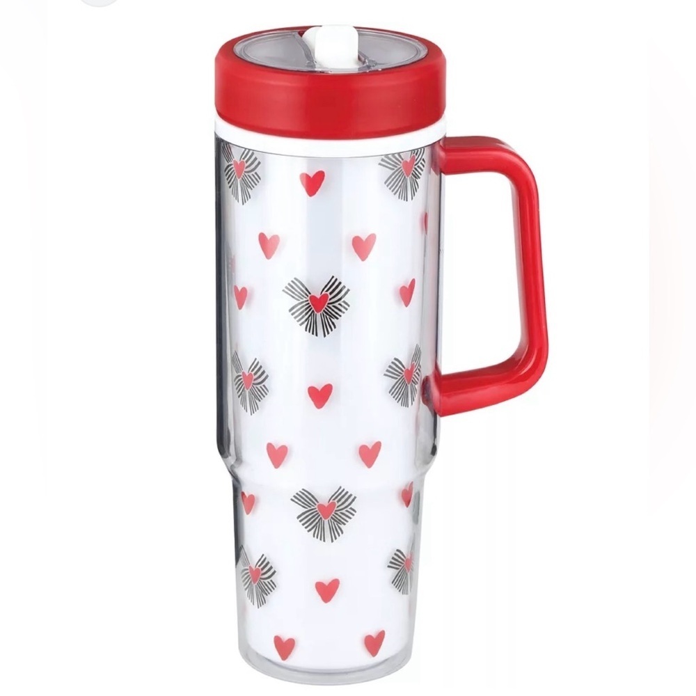 HEB Destination Holiday Hearts and Bows Tumbler Water Bottle Red White Black New
